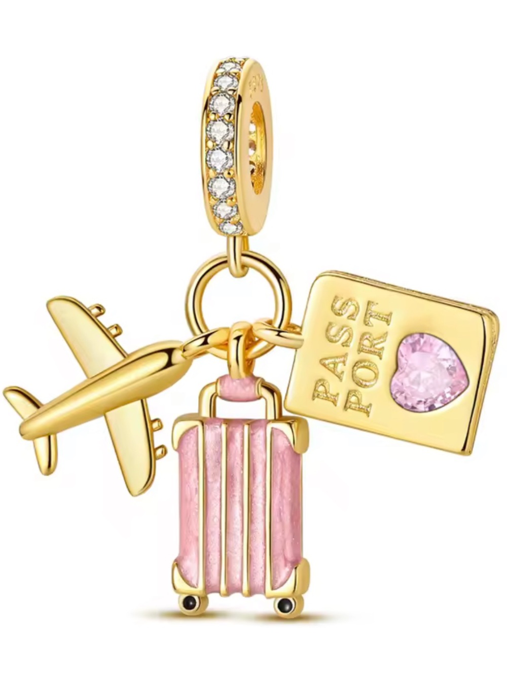 Pandora Gold Travel Charm with Pink Enamel Suitcase and Airplane